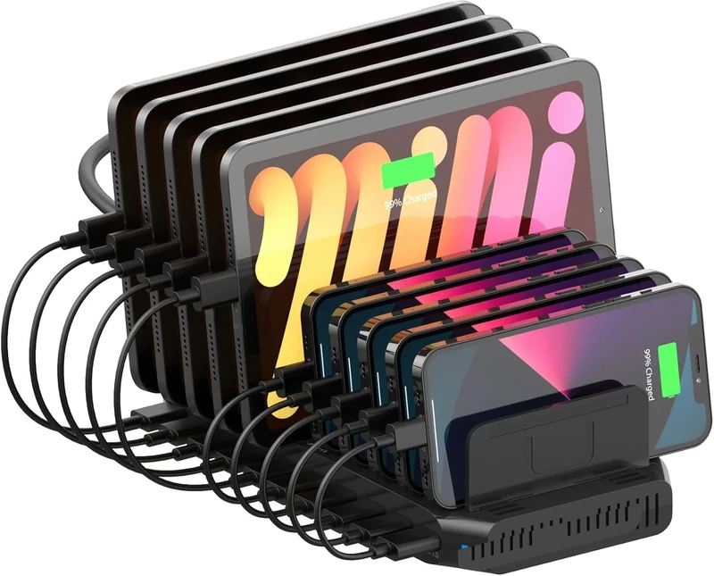 Alxum 60W 10 Ports Multi-Device Charging Station With 1*QC3.0 Fast Charge+9*USB A Port, Organizer for Tablet, Mobile Phone and More Black