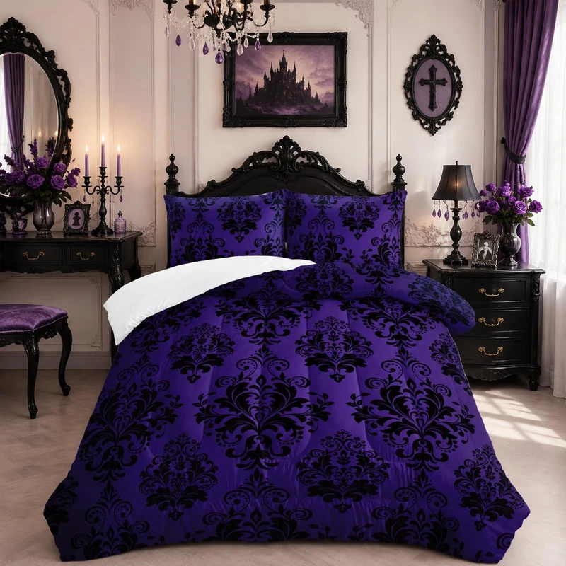 Nttopship Violet Gothic Floral Print Comforter Set Queen Size,Vintage Damask Floral Bedding Set,Bohemian Exotic Printed Quilted Set for Teens Adult,with 1 Comforter and 2 Pillow Case