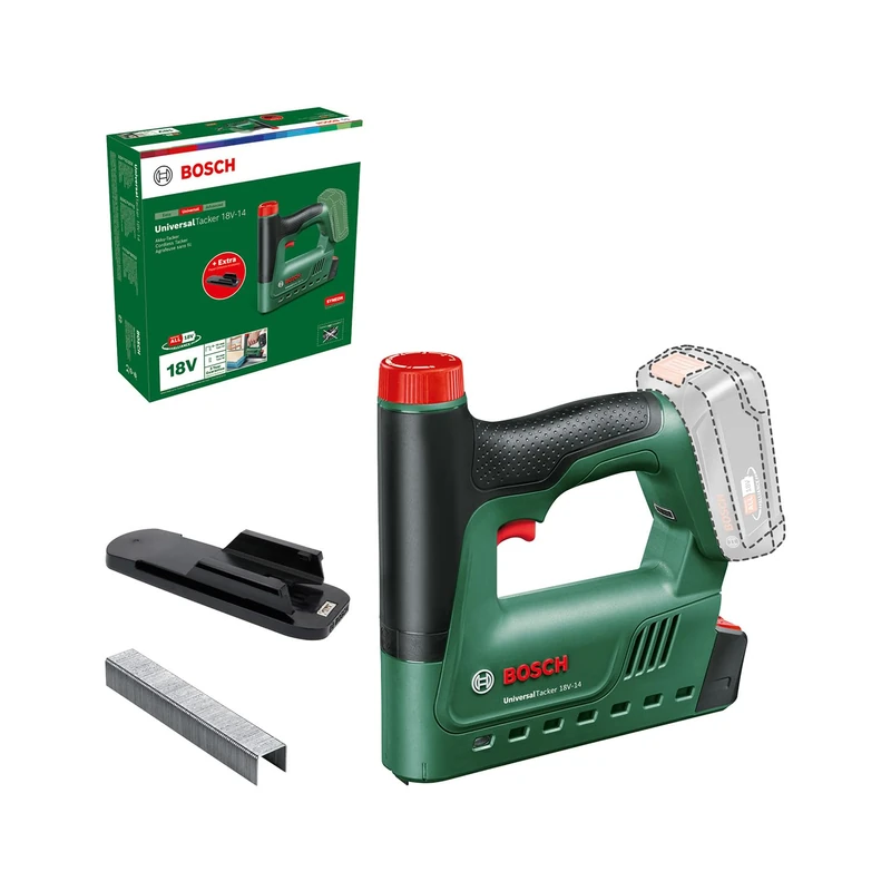 Bosch Cordless Stapler/Staple Gun UniversalTacker 18V-14 (Stapling in Soft and Hard Wood; for Staples and Nails; Bottom Fire; Paper Distance; 1000 Fine Wire Staples; Without Battery)