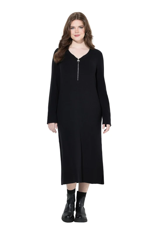 Ulla Popken Women's Plus Size Plus Size Ribbed Jersey Midi Dress Zip A-Line V-Neck Long Sleeve, Black, 20-22