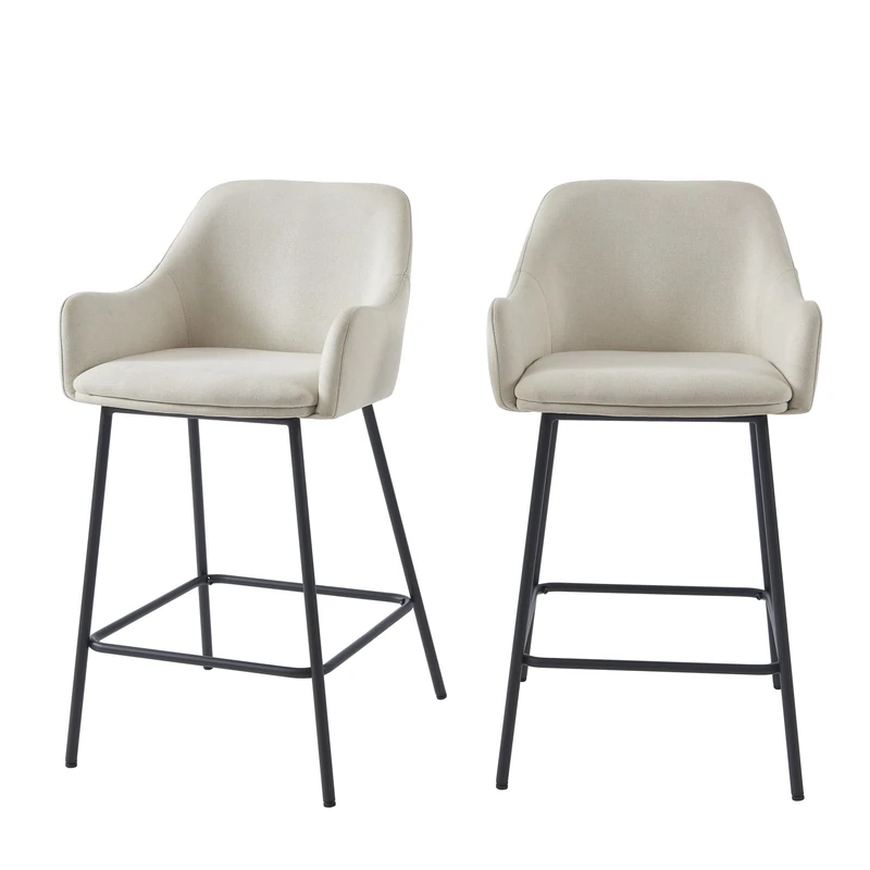 BAÏTA Nils Set of 2 Beige Fabric Bar Stools with Black Metal Legs