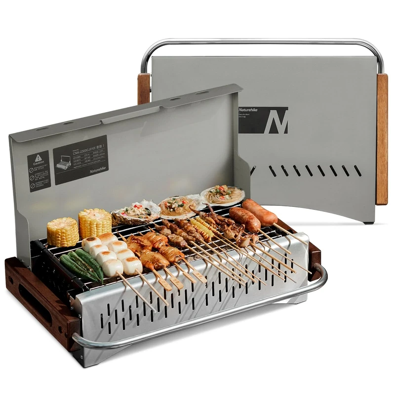 Naturehike Charcoal Grill Folding Grill 50.2 x 32.8 x 33.5 cm Laptop Grill Portable Mobile Camping Grill Table Top BBQ Suitcase Grill for Outdoor Table Grill Garden, Grey