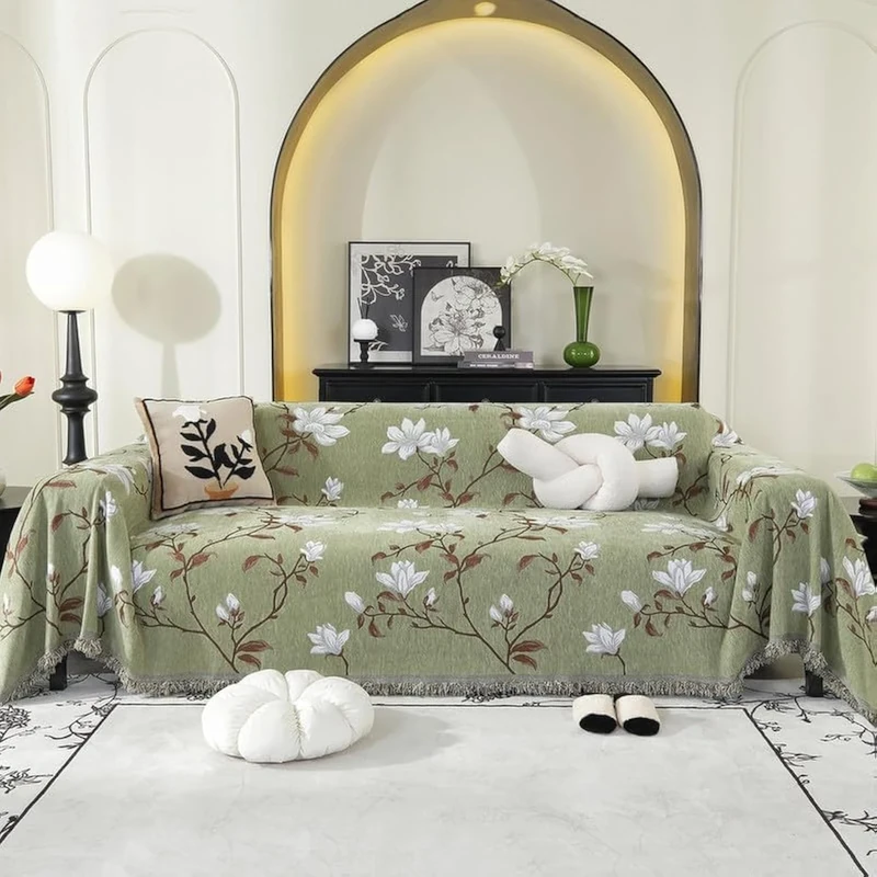 LiveGo Chenille AB Sided Slipcover for Corner Sofa, All-Season Protection for Dogs, L Shaped Sofa Cover with Tassel (Green 180 * 340cm)