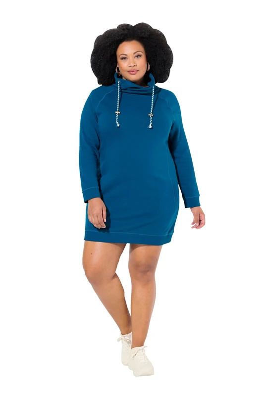 Ulla Popken Women's Sweat Dress, Stand-Up Collar, Long Sleeve, Pocket Dress, Blue-Green, 24-26