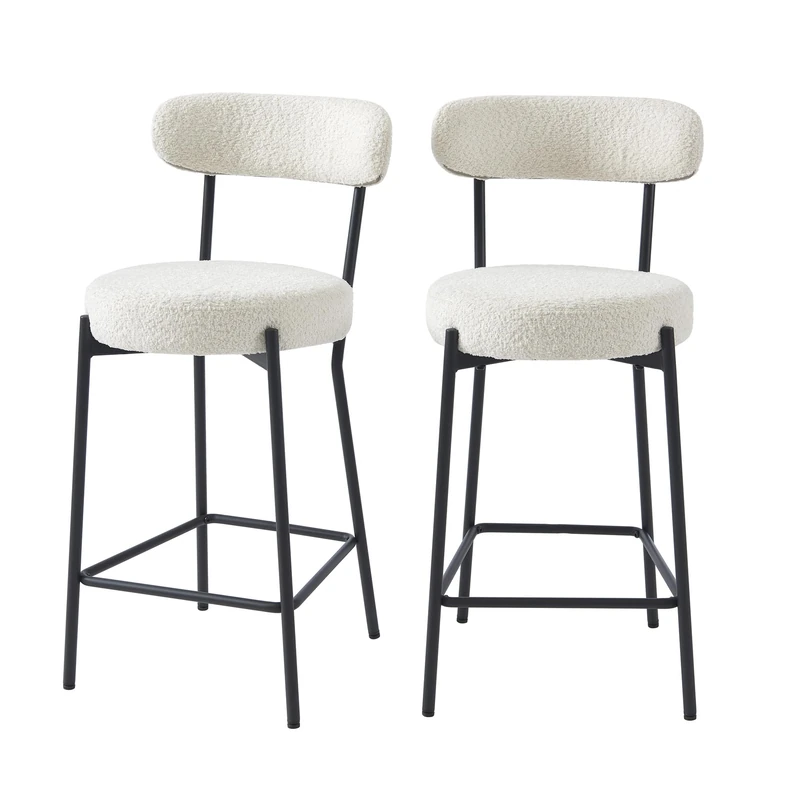 BAÏTA Set of 2 NOA Bar Stools in White Terry Fabric and Black Metal Legs - Image 1