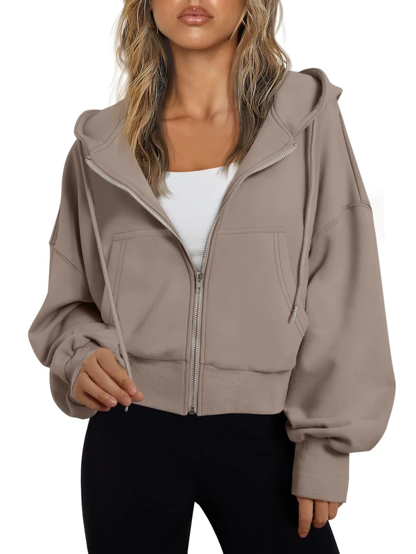 Trendy Queen Hoodies for Women Full Zip Up Cropped Sweatshirts Jackets Casual Comfy Gym Tops Fall Outfits Winter Clothes 2025, Coffegrey, Large