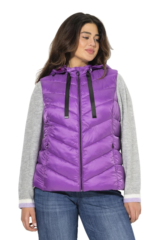 Ulla Popken Hyprar Women's Quilted Vest, Water-Repellent, Removable Hood, Dark purple, 50-52