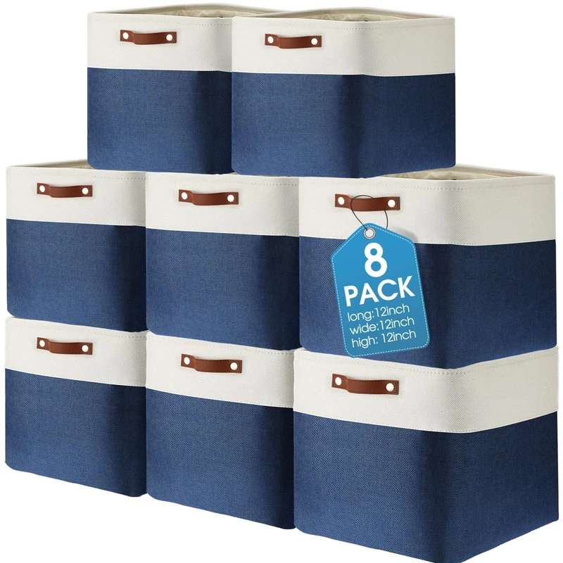 Uiifan 8 Pack 12 x 12 x 12 Inch Large Storage Baskets Collapsible Fabric Storage Cubes Bins with Handles for Shelves Closets Nursery Home Clothes Toys Organizers, Blue