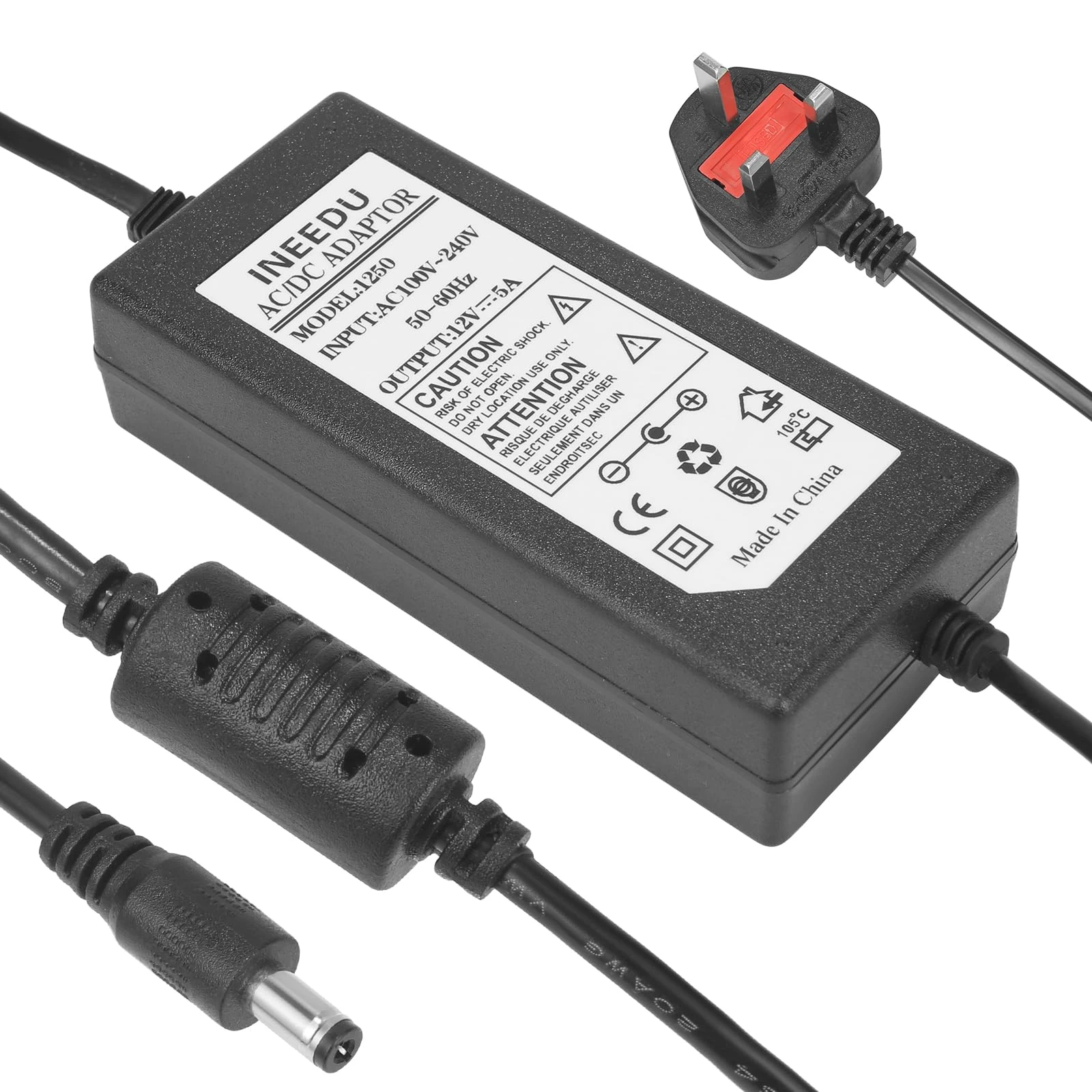 12V 5A Power Supply Adapter Conventer 60W, AC to DC Power Supply, AC/DC Driver Transformer 5.5mm x 2.1mm 5.5x2.1 Jack Wall Plug for LED Strip Lights, Router, CCTV Camera, ADSL Cats