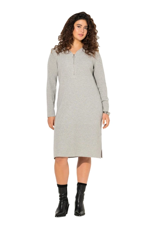 Ulla Popken Women's Ribbed Jersey Midi Dress, Zip, A-line, V-Neck, Long Sleeve Dress, Light Grey mélange, 20-22