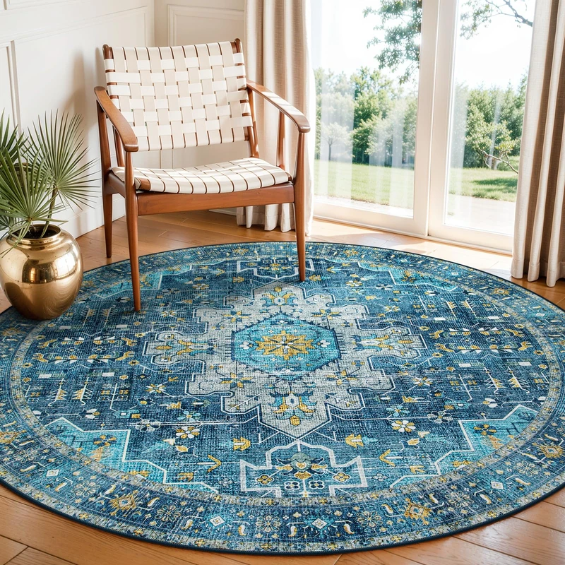 Moynesa Ultra-Thin Washable 5ft Round Rug - Teal 5x5 Circle Rugs for Living Room, Vintage Dining Room Mat Stain Resistant Nursery Carpet for Bedroom Mudroom Kitchen Apartment Home Office