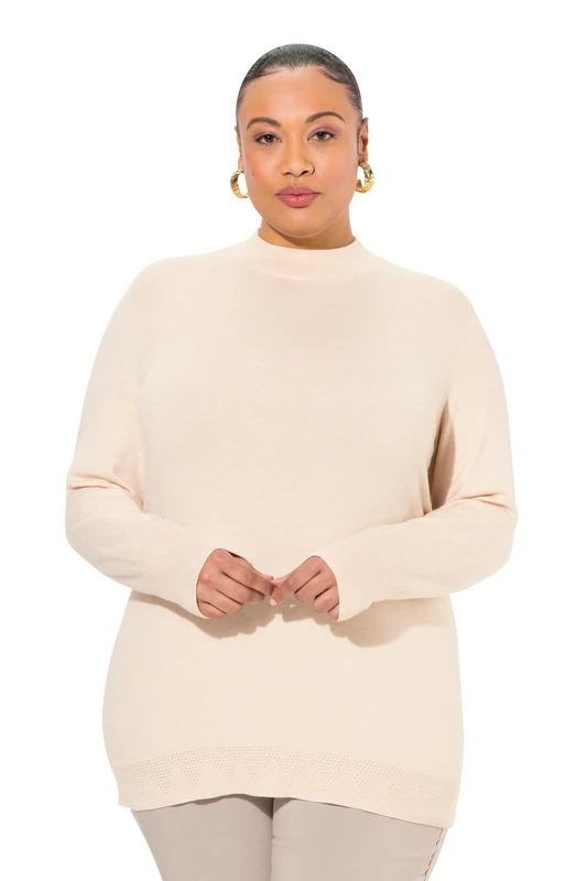 Ulla Popken Womenswear Plus Size Curvy Long Sleeves Mock Turtleneck Sweater Nature Melange 54+ 822010201-54+