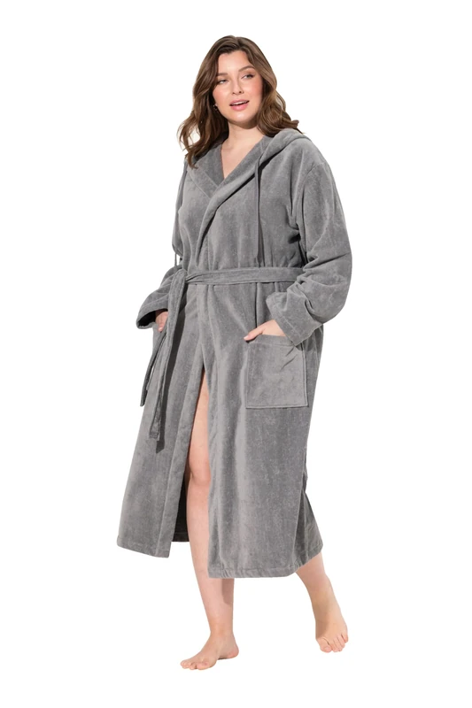 Ulla Popken Ladies Plus Size Plus Size Bathrobe Hooded Belt A-Line Terry Towelling, Concrete grey, 46-48