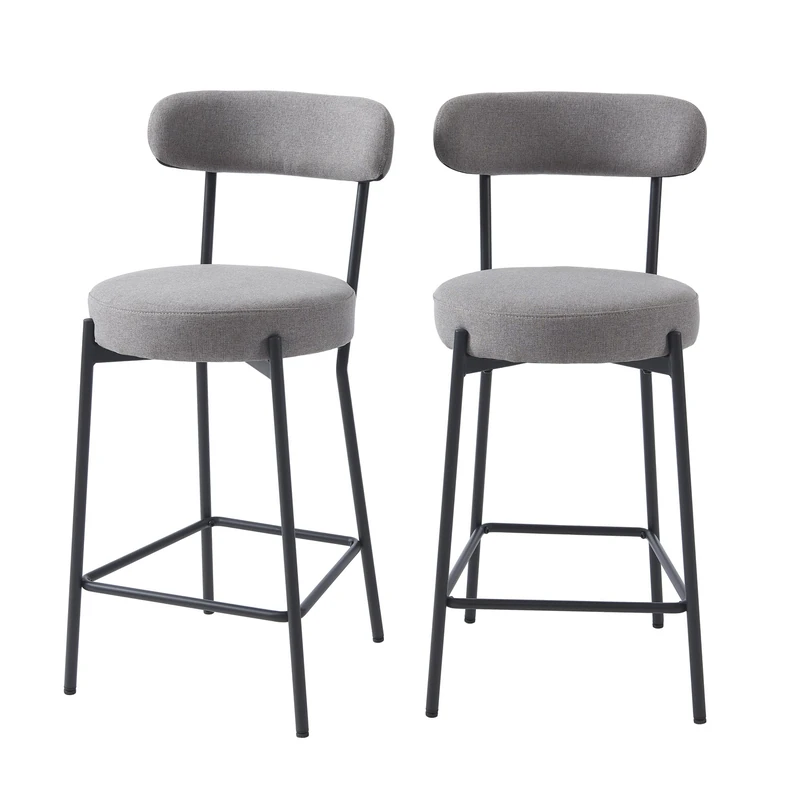 BAÏTA NOA Set of 2 Grey Fabric Bar Stools with Black Metal Legs