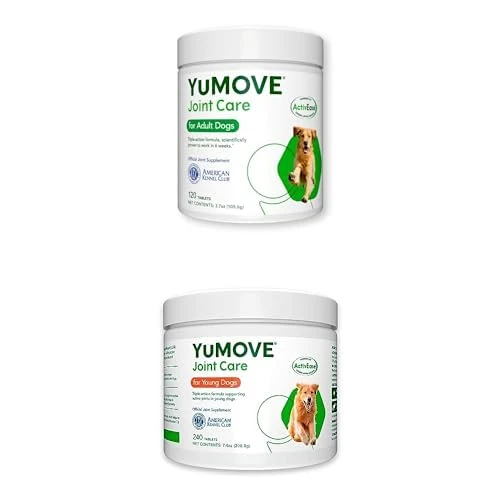 YuMOVE Adult Dog | Joint Supplement with Green Lipped Mussel | Aged 6 to 8 | 120 Tablets + YuMOVE Young and Active Dog | Joint Supplement for Dogs Aged Under 6 | 240 Tablets