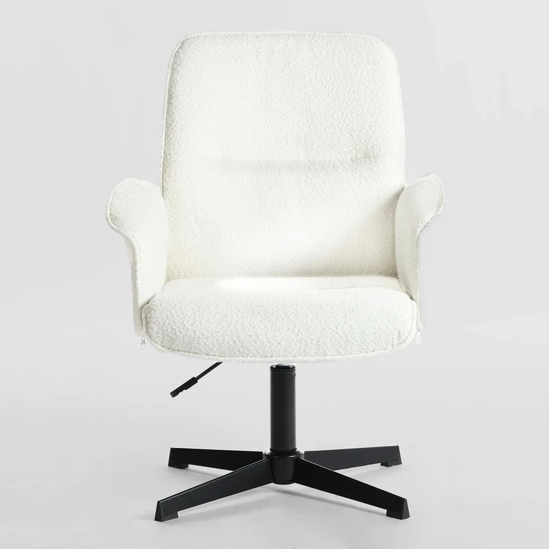 MEUBLE COSY Office Chair Ergonomic Boucle Cross-legged Accent Armchair Swivel Height Adjustable No Wheels High Back for Home Computer Desk Makeup Vanity, White