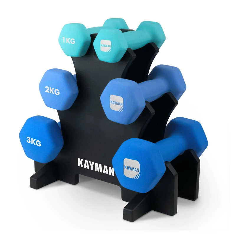 KAYMAN Neoprene Dumbbells Set with Stand - Anti-Slip Grip, Water-Resistant Coating – Weights Dumbbells Set for Strength Training and Workouts (Blue 12Kg Set (1Kg, 2Kg, 3Kg))