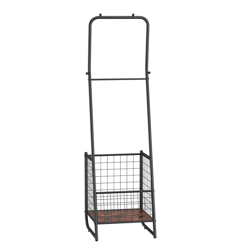 VECELO Metal Coat Rack, Clothes Stand with Anti-Drop Design, Free Standing Hall Trees with Steel Basket, Hat Bag Rack with 2 Hanger Rails, Space Saving for Hallway, Living Room