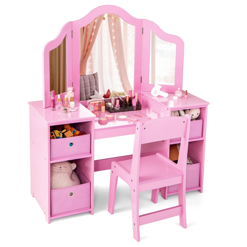 GYMAX Kids Vanity Table and Chair Set for Bedroom Playroom - Image 1