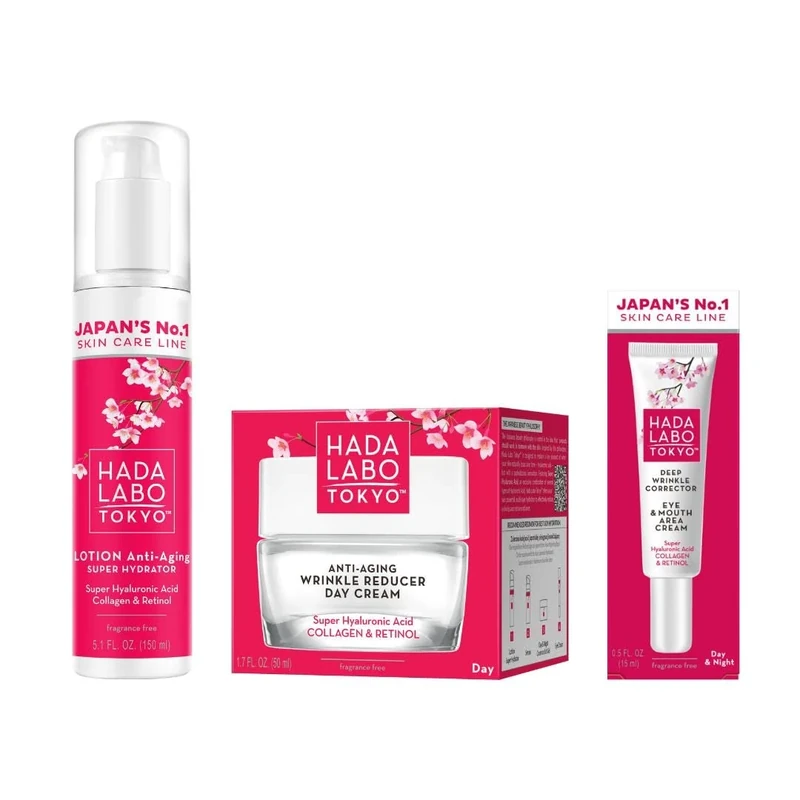 Hada Labo Tokyo - Anti-Ageing 3 Step Bundle, 1 x 150 ml Super Hydrator Lotion, 1 x 50 ml Wrinkle Reducer Day Cream & 1 x 15 ml Deep Wrinkle Corrector Eye & Mouth Cream