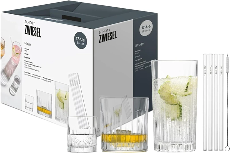 Schott Zwiesel 17-Piece Bar Set Stage, Each with 4 Graceful Long Drink, Whiskey and Shot Glasses with Relief, 4 Glass Straws and 1 Cotton Brush, Dishwasher-Safe Crystal Glasses (Art. no. 124011)