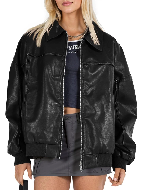 Tankaneo Womens Faux Leather Jackets Oversized Bomber Casual Fall Fashion Zip Up Moto Biker Coats, Black, Small