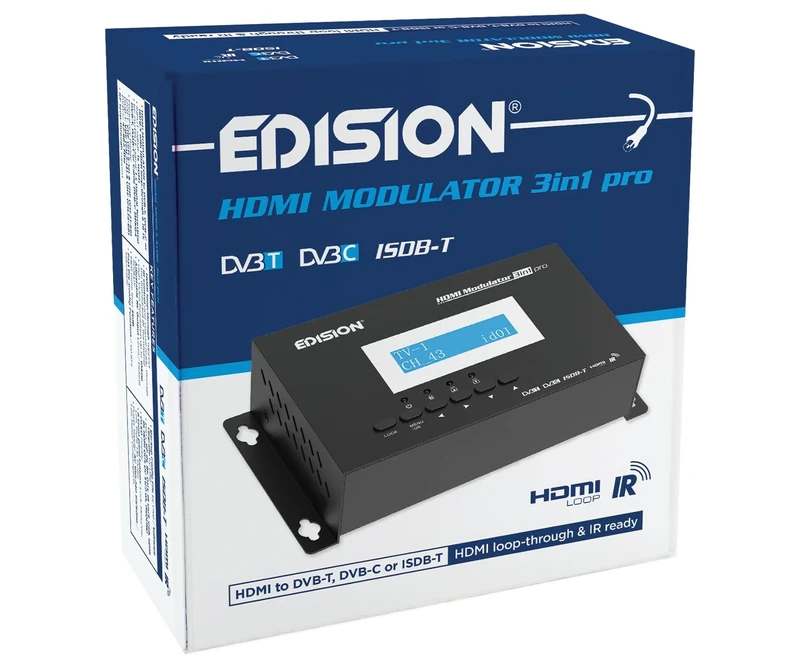 EDISION 3in1 Pro HDMI Modulator, Terrestrial DVB-T, ISDB-T or Cable DVB-C, Full HD Distribution via Coaxial, HDMI-Loop, RF IN, LCD Display, Quick Configuration, Plug & Play