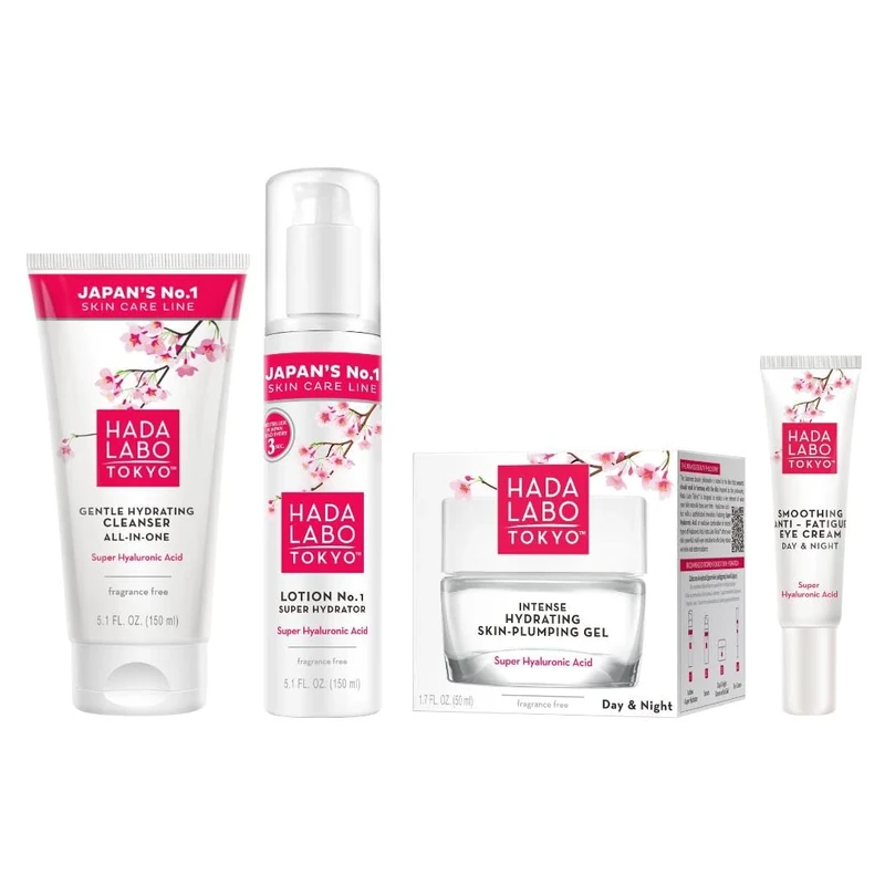 Hada Labo Tokyo - Super Hyaluronic 4 Step Bundle, 1 x 150 ml Gentle Hydrating Cleanser, 1 x 150 ml Super Hydrator Lotion, 1 x 50 ml Hydrating Plumping Gel & 1 x 15 ml Smoothing Anti Fatigue Eye Cream