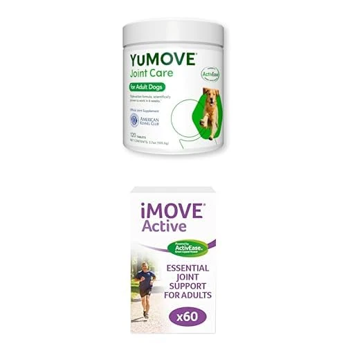 YuMOVE Adult Dog | Joint Supplement, with Green Lipped Mussel | Aged 6 to 8 + iMOVE Active | Natural Joint Supplement for Humans, 60 Tablets,Includes Green Lipped Mussel, Vitamin E and C and Manganese