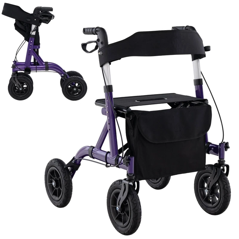 HOMFME Lightweight Folding Rollator Walker, 4 Wheel Height Adjustable Aluminium Mobility Walker with Wide Seat, All Terrain Wheels and Storage Bag, Walking Aid Frame for Elderly Disabled (Purple)