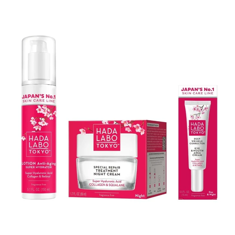 Hada Labo Tokyo - Anti-Ageing 3 Step Bundle, 1 x 150 ml Super Hydrator Lotion, 1 x 50 ml Special Repair Night Cream & 1 x 15 ml Deep Wrinkle Corrector Eye & Mouth Cream