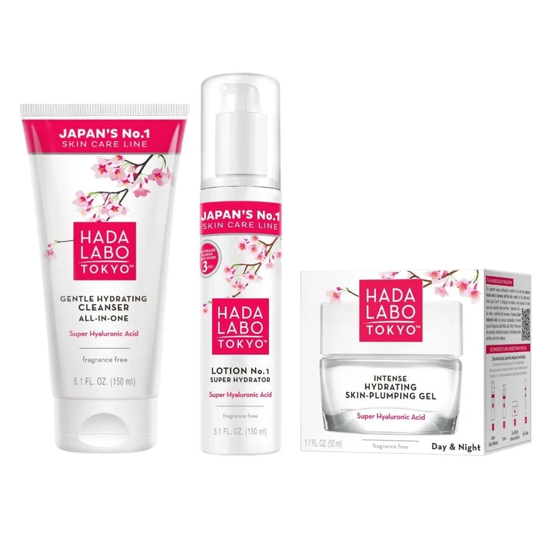 Hada Labo Tokyo - Super Hyaluronic 3 Step Bundle, 1 x 150 ml Gentle Hydrating Cleanser, 1 x 150 ml Super Hydrator Lotion & 1 x 50 ml Intense Hydrating Skin Plumping Gel