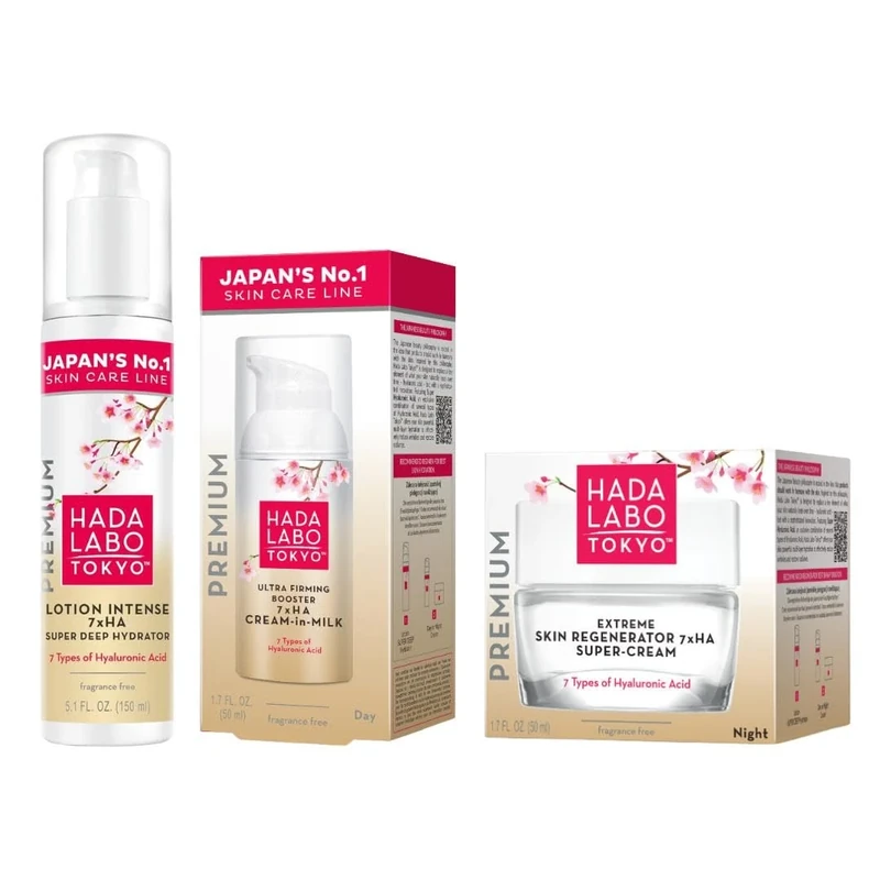 Hada Labo Tokyo - Premium 3 Step Bundle, 1 x 150 ml Intense Super Hydrator Lotion, 1 x 50ml Ultra Firming Booster Day Cream-In-Milk & 1 x 50 ml Extreme Skin Regenerator Super Cream