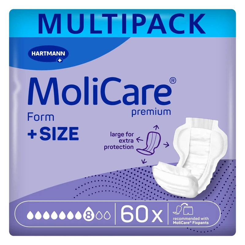 MoliCare Premium Form Plus Size | 8 Drops | Extra Large Bariatric Incontinence Pads | Wider Back for Extra Coverage | 39% Larger | 3 Packs of 20 Pads (60) Items | Absorbs up to 3347ml