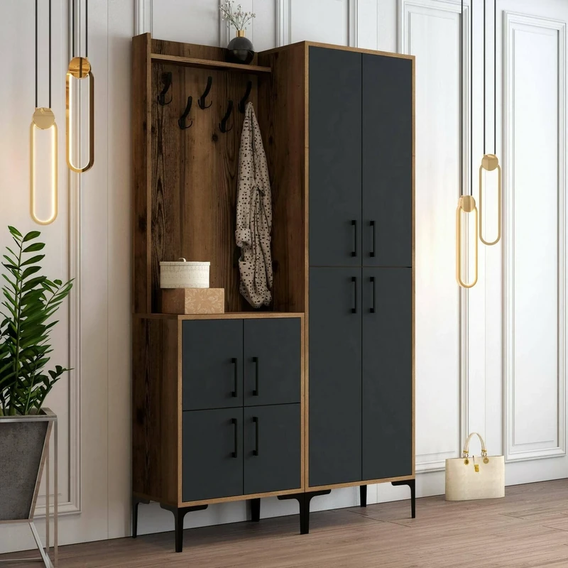 Dmora Castor Entrance Cabinet, Coat Rack, Composition for Lobby, Multifunctional Storage Console, 120 x 35 x 200 cm, Walnut and Anthracite