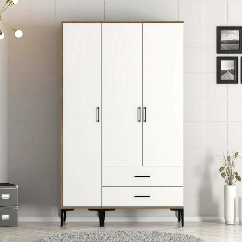 Dmora Albireo 3 Door Wardrobe Bedroom Furniture Storage Cabinet, Clothes Cabinet, 120 x 201 x H 48 cm, Walnut and White