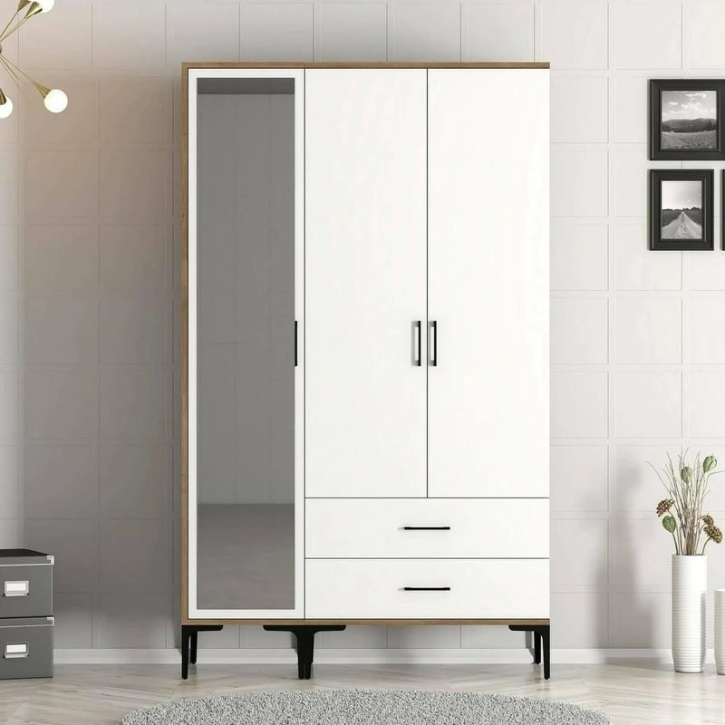 Dmora Shaula 3 Door Wardrobe, Bedroom Furniture, Storage Cabinet, Clothes Hanger, 120 x 201 x H 48 cm, Walnut and White