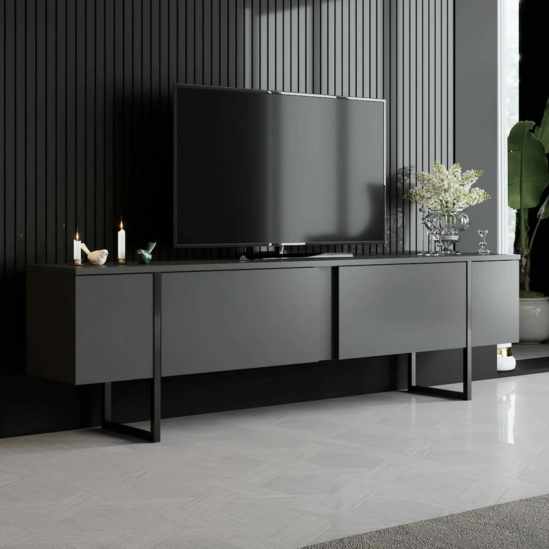 Dmora Centaurus TV Stand, Living Room Sideboard, Low Cabinet for TV, Equipped Wall Base, 180 x 30 x 50 cm, Anthracite and Black