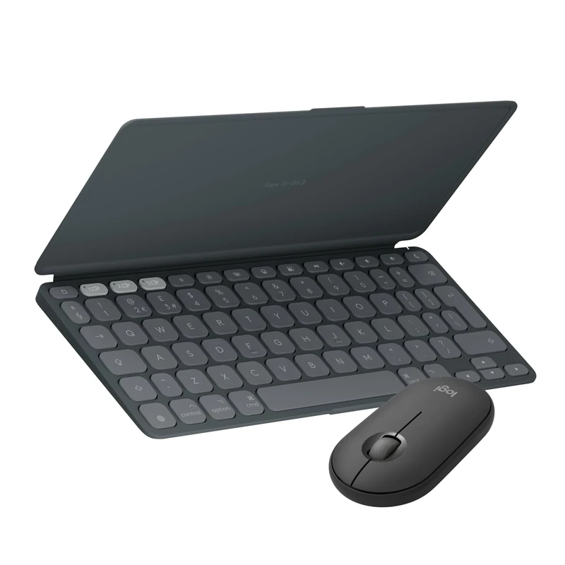 Logitech KEYS-TO-GO 2 portable Bluetooth keyboard + Pebble Mouse 2 M350s Bluetooth Mouse, lightweight, wireless keyboard, mouse combo designed for iOS, iPadOS - iPhone/iPad/Mac, QWERTY UK - Graphite