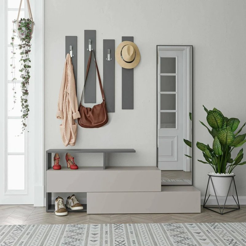 Dmora Himalia Entrance Cabinet, Coat Rack, Composition for Lobby, Multifunctional Storage Console, 137 x 35 x 55 cm, Taupe and Anthracite