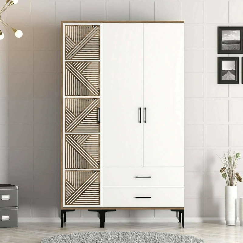 Dmora Avior 3 Door Wardrobe, Bedroom Furniture, Storage Cabinet, Clothes Hanger, 120 x 201 x H 48 cm, Walnut and White