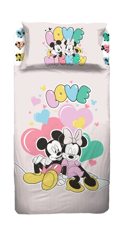 Disney Mickey and Minnie Mouse Single Bed Sheet Set Disney Single Bed Sheet Set Top Sheet Fitted Sheet Pillowcase Pink 100% Cotton Official Product