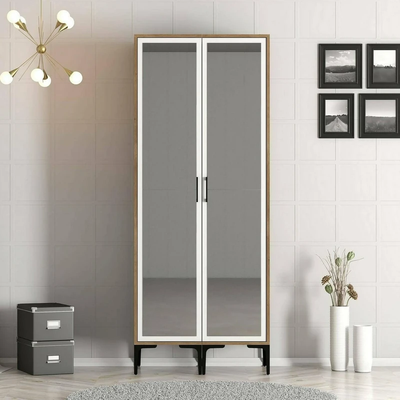Dmora Alcyone 2 Door Wardrobe, Bedroom Furniture, Storage Cabinet, Clothes Hanger, 8 x 21 x 48 cm, Walnut and White - Image 1