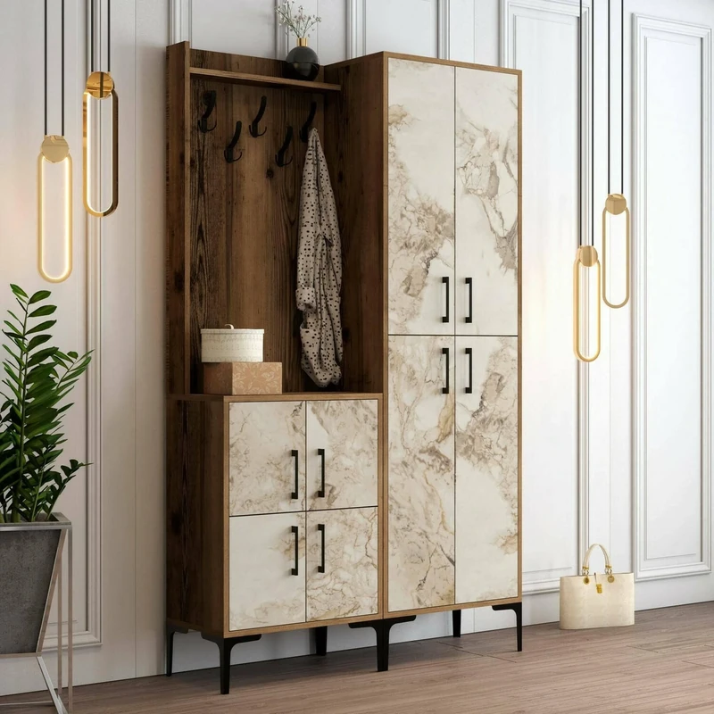 Dmora Castor Entrance Cabinet, Coat Rack, Composition for Lobby, Multifunctional Storage Console, 120 x 35 x 200 cm, Walnut and White Marble