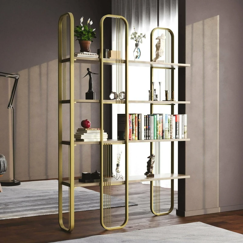 Dmora Almena Bookcase, Office Shelf, Bookcase, Library, 125 x 28 x 180 cm, Gold