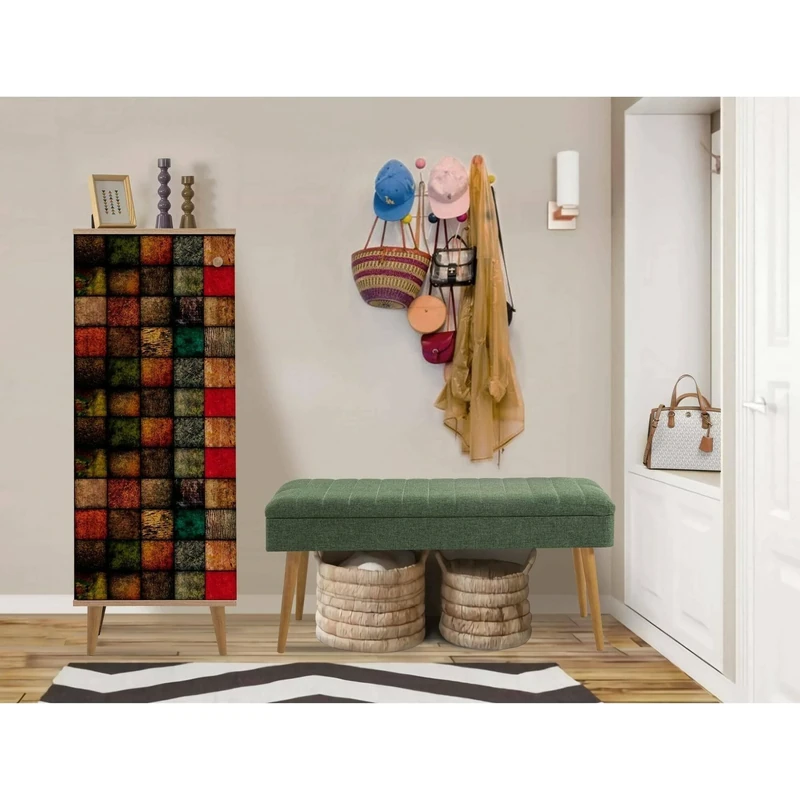 Dmora Baham Entrance Cabinet, Coat Rack, Composition for Lobby, Multifunctional Storage Console, 50 x 38 x 135 cm, Oak and Green