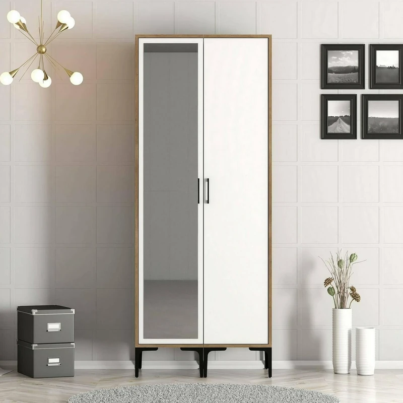 Dmora Alhena 2 Door Wardrobe Bedroom Furniture Storage Cabinet Wardrobe Clothes Rack 80 x 201 x 48 cm Walnut and White