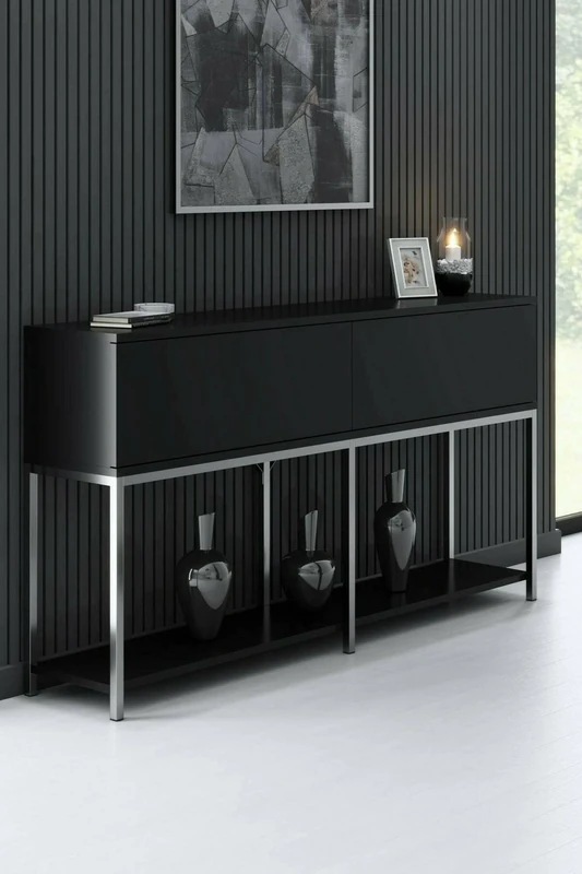 Dmora Altair Sideboard, Buffet for Living Room, Kitchen Pantry, 150 x 30 x 80 cm, Black and Silver