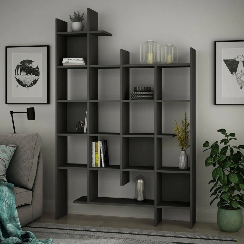 Dmora Chertan Bookcase, Office Shelf, Bookcase, Library, 122 x 26 x 188 cm, Anthracite