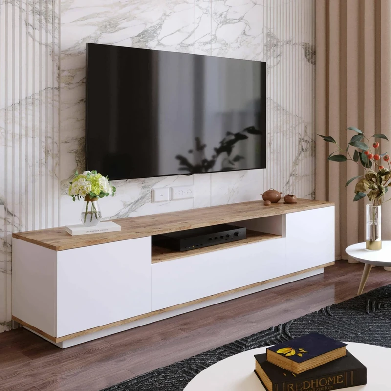 Dmora - Sinope TV Cabinet, Stand for Living Room TV, Low Living Room Sideboard, TV Stand Base, 180 x 45 x 45 cm, Oak and White